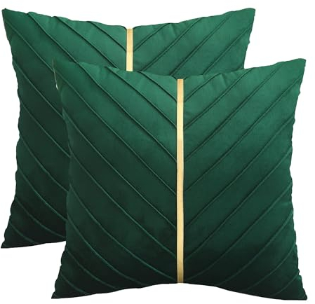 Tosleo 2er Set 60 x 60 cm Kissenbezüge Grün Samt Kissen mit Goldfarbenem Leder Dekokissen Moderne Luxuriös für Sofa Gartenbett Couch Wohnzimmer Sofakissen Bett
