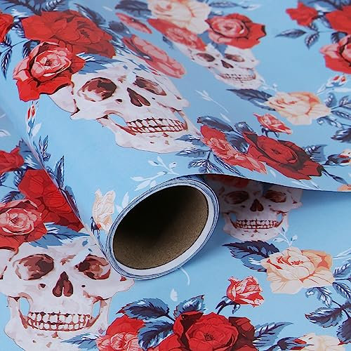 Aimyoo Geschenkpapier mit rosa Rosen, 43,2 cm x 3 m, Totenkopf-Blume, lustiges Geschenkpapier für Halloween, Hochzeit, Brautparty
