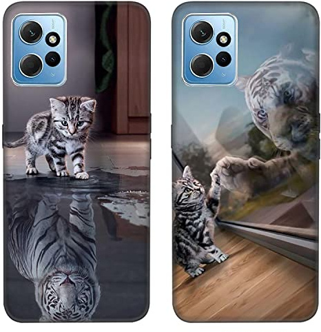 DiaryTown 2 Stück Xiaomi Redmi Note 12 4G Hülle Tier Muster Motiv Handyhülle Ultra Dünn Silikon Schwarz Case Kratzfest Stoßfeste Schutzhülle TPU Bumper Cover für Redmi Note 12 4G - Katze & Tiger