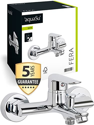 'aquaSu® Wannenarmatur Fera mit Umsteller, Typ 1/2 '' Brauseabgang unten, Wandbefestigung, Standard S-Anschlüsse, Keramikkartusche, Messingkern, verchromt, 798419