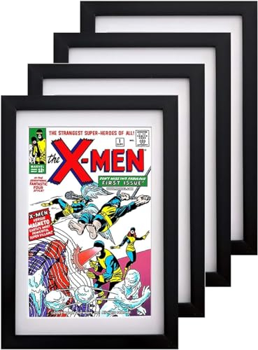 Comic Book Frame 4 Pack, MDF Holzrahmen, säurefreie Matte, 98% UV-Polycarbonat-Schutz, passend für Comics bis zu 6 3/10.2 cm x 10 1/10.2 cm, passt mit Comic-Book-Taschen und Hüllen (4 Pack.Schwarzer