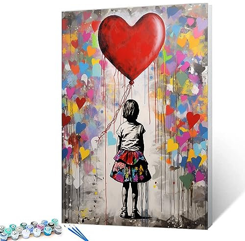Tucocoo Roter Ballon-Malen-nach-Zahlen-Set mit Pinseln und Acrylpigment auf Leinwand, Gemälde für Erwachsene, Banksy Little Girl Street Love Bild für Zuhause, Wanddekoration, Geschenke, 40 x 50 cm
