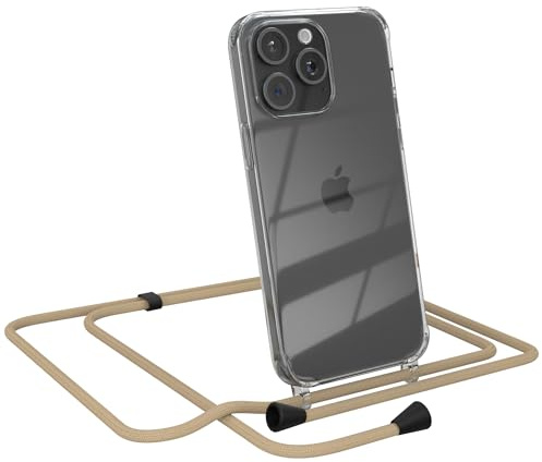EAZY CASE Handykette kompatibel mit iPhone 15 Pro Max Handyhülle mit Umhängeband, Handykordel mit Schutzhülle, Silikonhülle, Hülle mit Band, Stylische Kette für Smartphones, Taupe - Clips Schwarz