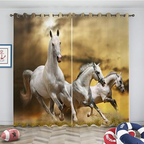 loyaltyer Gardinen Weiß, Pferd Vorhänge mit Ösen Blickdicht Wärmeisolierende Vorhänge Gardinen Wohnzimmer Kinderzimmer Schlafzimmer Raumteiler Vorhang, Thermovorhänge 2x175x140 cm(HxB)