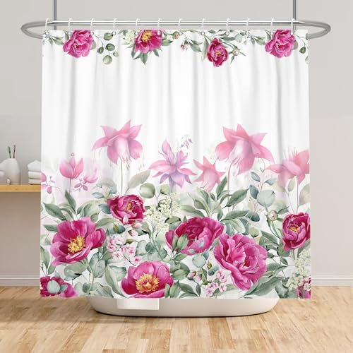 Bovlleetd Floral Stoff Duschvorhang für Badezimmer Frühling Blüte Blumen Grün Eukalyptus Blatt Malerei Aquarell Botanische Badewanne Vorhänge Wasserdicht Duschvorhang 175x178cm