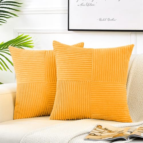 FDTERN 2er Set Gelb Kordsamt Kissenbezug 40x40CM Weich Moderne Dekorative Kissenbezüge Kissenhülle Dekokissenbezug Sofakissen Dekokissen Boho Herbst Deko für Sofa Schlafzimmer Wohnzimmer Balkon