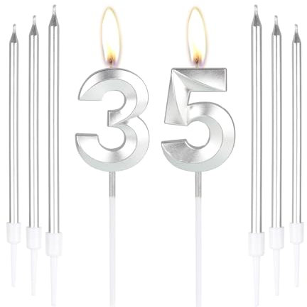 mciskin Silver 35 Birthday Candles-3D Number 35 Candle for Cake with 6pcs Long/Thin Candles Set,Silver Cake Topper for Women Men 35th Birthday Decorations Supplies,35th Wedding Anniversary Décor
