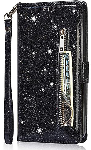 YKTO Cover per Samsung Galaxy A25 5G Custodia a Libro Bling Glitter Pelle PU Portafoglio con Tasca Zip Slot per Carte Supporto Chiusura Magnetica Protezione Zipper Wallet Case per Samsung A25 5G,Nero