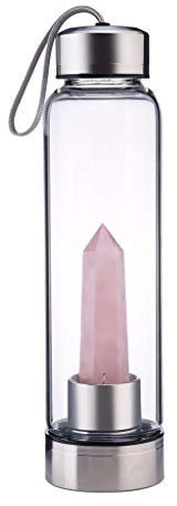 hxoity Botella De Agua De Cristal Natural 550Ml Reutilizable Punto Reiki Curación Obelisco Varita Elixir Elixir Curativo Cristal Botella De Agua Con Infusión De Piedras Preciosas Rosa