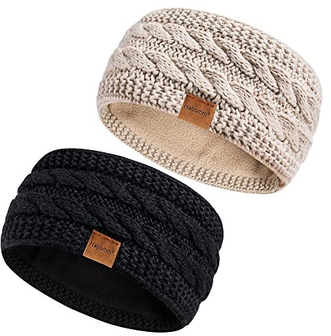 Hatromm Stirnband Damen Winter Wolle 2 Pack, Ohrenwärmer Gestrickt Dick Mit Fleece Gefüttert, Haarband Kaltes Wetter Warme Ohrenschützer (Schwarz+Haferflocken)