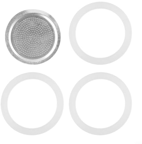 Drhomeam Set di 4 guarnizioni di ricambio in silicone e filtro in alluminio per macchina da caffè espresso, parti di ricambio riutilizzabili per guarnizioni ad anello per moka (2 tazze da 100 ml)