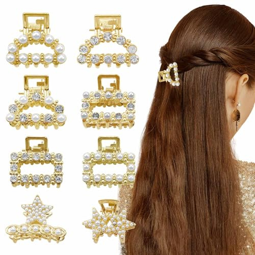 Lot de 8 mini pinces à cheveux dorées avec perles et strass antidérapants pour femmes et filles