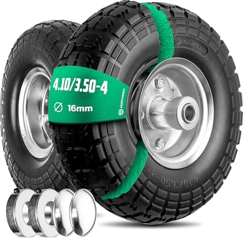 MOOVMOOV Roue Increvable 4.10/3.50-4 (x2) Alésage pour Axe 16mm - Moyeu Déporté 55mm - Pour Diables, Brouettes, Chariots, Etc. - Inclus Bague de Verrouillage + Calotte Autobloquante