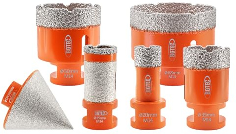 BGTEC Foret Diamant Kit Trépan Carrelage - 6pièces(20/35/50/68mm+25mm foret à doigts+50mm fraise) avec filetage M14 pour percer porcelaine,céramique,carrelage,granit,marbre et pierre