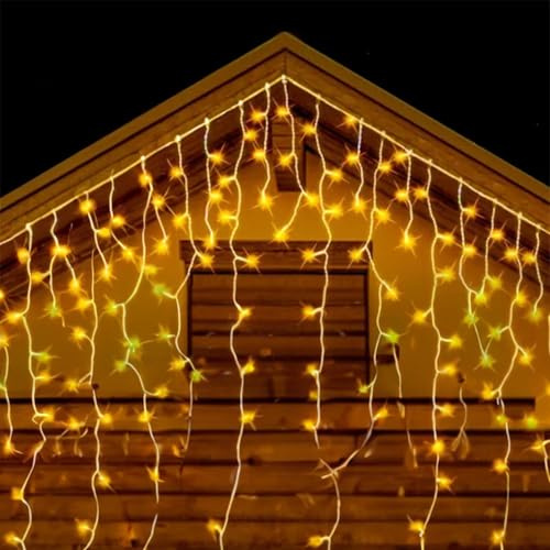 LED-Lichterketten in Eiszapfenform, betrieben mit 3 AA-Batterien, erzeugt ein warmweißes Licht. 10 m Länge und 0,6 m Breite, perfekt für gemütliche und warme Umgebungen.