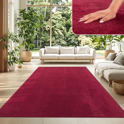TT Home Wohnzimmer Teppich Kurzflor Anti-Rutsch Rückseite Unifarben Modern Waschbar, Farbe: Rot, Größe:140x200 cm
