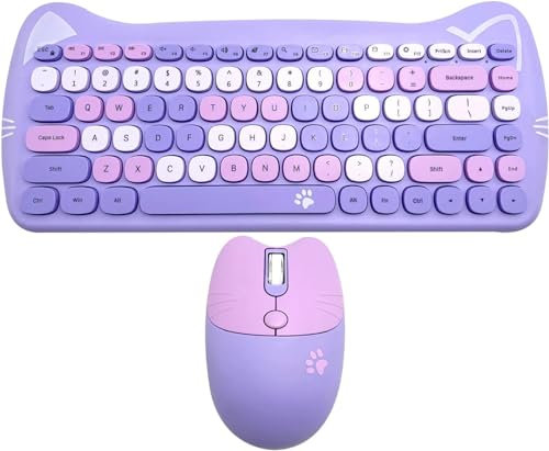 Wireless Mouse and Keyboard Set, Cute Cat Keyboard Mouse Combo for Present, 2.4G Cordless Computer Mice with USB Receiver for Laptop PC MAC (Taro Purple)