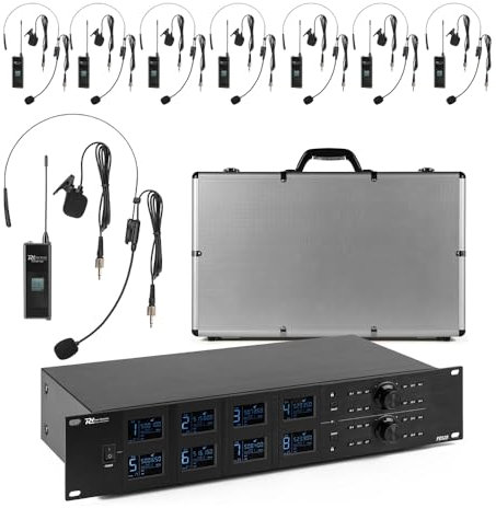 Power Dynamics PD PD528B UHF Wireless Microphone System with 8 Bodypacks, Wireless Headset and Lapel Microphones, 100 Channels, USB Rechargeable, Ideal for Performances and Events