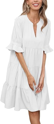 Famulily Women Casual Dress with Pockets Loose Vneck Solid Color Beach Short Dresses Flowy Sundress White M