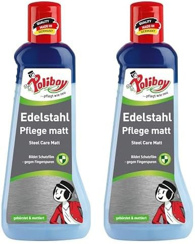 POLIBOY Edelstahlpflege matt - Edelstahlreiniger zum Reinigen von mattierten und gebürsteten Edelmetall - 1x 200ml - Made in Germany (Packung mit 2)