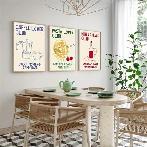 Uixxducc 3er Poster Set Wandbilder Kunstdruck Kaffee Pasta Wein Bild für Küche Vintage Deko Aesthetic Deko Küchenbilder ohne Rahmen (40×50 cm)