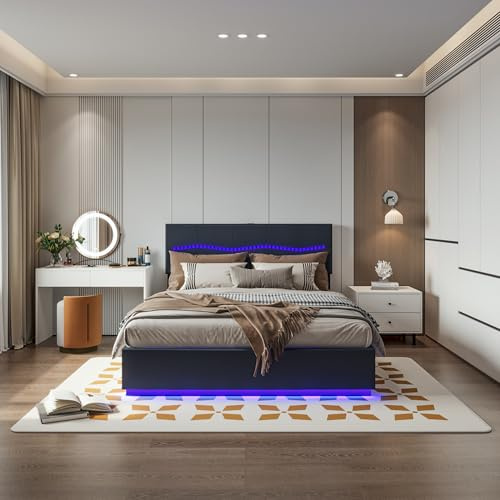 KEFSR Bett 140 x 200 cm mit Lattenrost, LED und USB-Anschlüssen, Bett mit Stauraum und gepolstertem Kopfteil, Doppelbett für 2 Personen, gepolstert, Rahmen 140 x 200 cm, modern (schwarz)