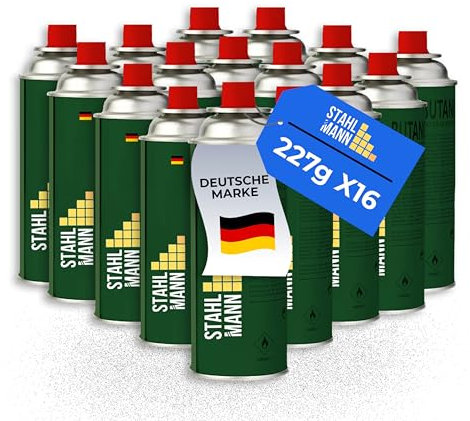 STAHLMANN® Gaskartuschen 227g [Made in EU] – Butangas Kartusche mit MSF-1a Ventil für Campingkocher, Grill, Gaskocher, Gasheizung,Unkrautbren – Gaskartuschen (16x 227g)