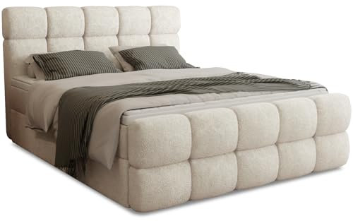 FurniDe24 Boxspringbett mit 2 Bettkästen, Taschenfederkernmatratze und Topper, Gepolstertes Doppelbett mit Kopfteil und Fußteil, Bouclé-Stoff, Polsterbett Leo (Anthology 03, 180 x 200 cm)