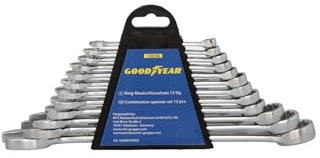 GOODYEAR Ring-Maulschlüsselsatz, 6-22 mm, nach DIN-Norm 3113:2007-09, hochwertiger Cr-V Stahl, 15° gewinkelte Ringköpfe, mit platzsparendem Kunststoffhalter, 12-teilig