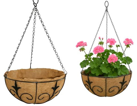Set of 2 - Vintage Gerogian Metal Hanging Basket with Coco Liner Decorative Outdoor Garden Balcony Hanger Flower Herb Plant Pot Planter (14)