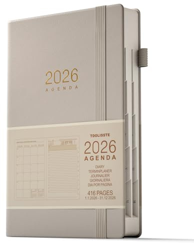 TDOLISSTE - Kalender 2026 Terminplaner, A5 Agenda Buchkalender 365-Seiten-Tagesplan und 24-Seiten-Monatsplan, Mehrsprachiges, Stiftschlaufe und Innentasche, Gebundene Ausgabe (Grau)