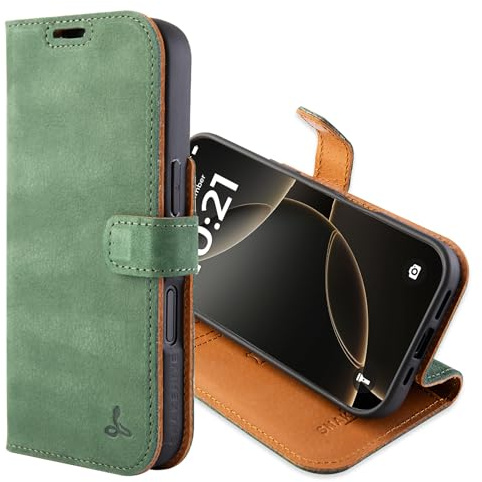 Snakehive Leather Wallet Case for iPhone 17 (Green) | Genuine Leather Flip Cover with Card Slots & Stand