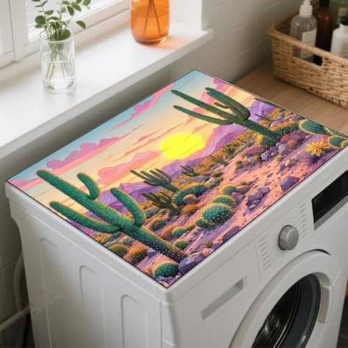 GLOBLELAND Cactus Sunset Washer Dryer Dust Cover Mat 23.6x19.7 Pink Desert Washing Machine Top Protector Pads Non Slip Washing Dryer Dust Top Covers for Laundry Room Coffee Machine Placemat