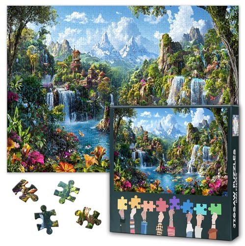 Wald Wasserfall Puzzles für Erwachsene 1000 Stück Fantasy Landschaft Puzzle Wasserfälle und Flora Jigsaw Puzzles Familie Herausforderung Spiel Geeignet für Spiel Nächte Größe: 50x70cm