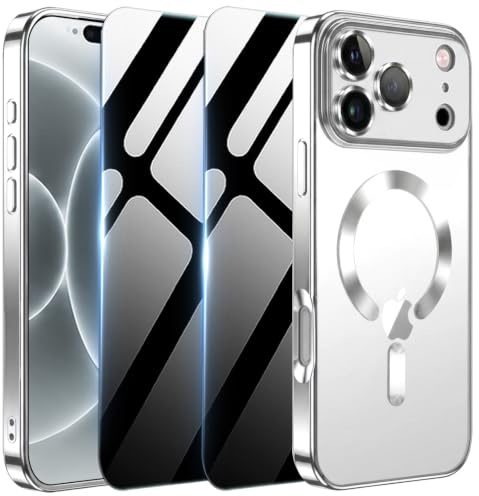 AFENGBOX Magnetische Hülle für iPhone 17 Pro Max mit 2 Sichtschutzfolie [kompatibel mit MagSafe],Ultradünn Anti-Vergilbung HandyHülle Stoßfest Kratzfest Schutzhülle für iPhone 17 ProMax,Silber