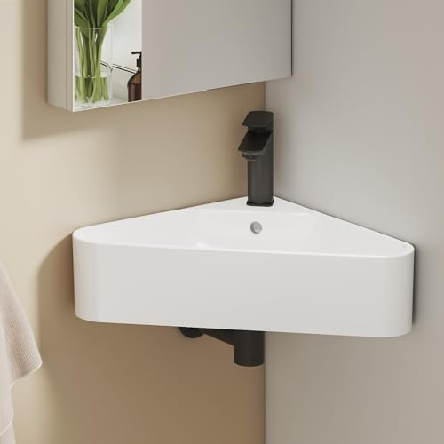 EMKE Eckwaschbecken 56,0 × 34,5 × 13,0 cm – Keramik Waschbecken Dreieckig Mit Hahnloch & Überlauf, Handwaschbecken Klein Ideal für Badezimmer & Gäste-WC, Weiß