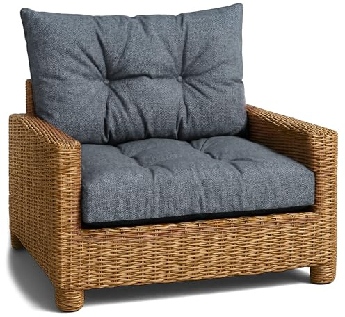 Sitzpolster Gartenmöbel Lounge Kissen Outdoor Auflagen Rattanmöbel Balkon | Set: 60x60 cm und 40x60 cm Auflagen für Sessel Stuhl Garten Terrasse wasserabweisend gesteppt Jeansfarbe Leinenoptik