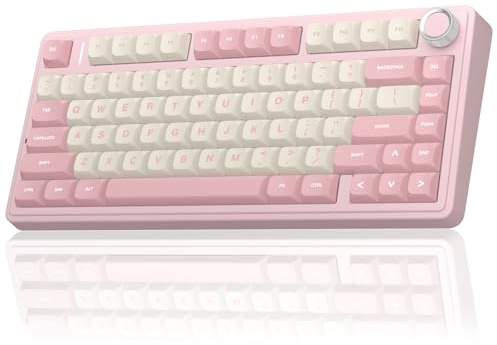 AULA F75 Mechanische Tastatur Gaming,2.4GHz/Type-C/BT5.0 Mechanical Keyboard mit Knopf,Fünfschichtige Gefüllte Struktur,RGB,QWERTY,Hot-Swap,Creamy Kabellos Gaming Tastatur 75 Prozent (Rosa Weiß)
