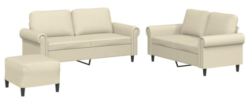 XHNIFBN 3-TLG. Sofagarnitur Creme Kunstleder 152x77x80 cm Mini Couchgarnitur mit Hocker & Kissen Modernes Design Robustes Gestell für Wohnzimmer Schlafzimmer Jugendzimmer