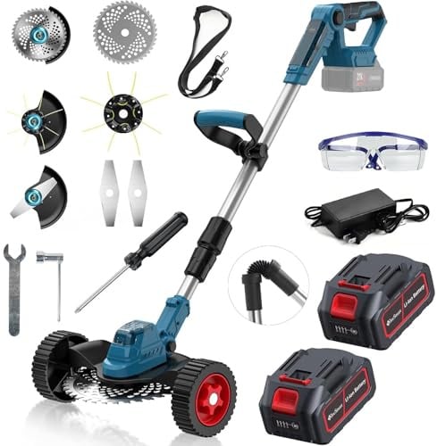 Coupe Bordure sans Fil avec 2 Batteries 4,0Ah, 21V Débroussailleuse Électrique sans Fil 1000W Brushless, 5000 TR/Min, 3 Lames, Manche Télescopique, Écran LCD et Roues pour Jardin et Pelouse