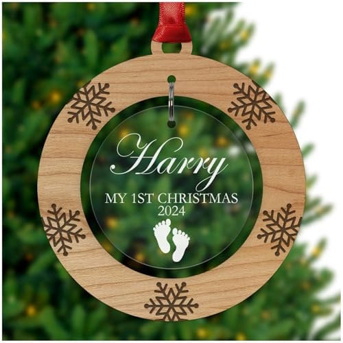 PERSONALISED Baby's First Christmas Bauble - Tree Decoration Wooden Ornament - Custom Babies 1st Xmas Keepsake - Cherry Veneer and Acrylic Christmas Tree Ornament - Keepsake Christmas Gifts Presents