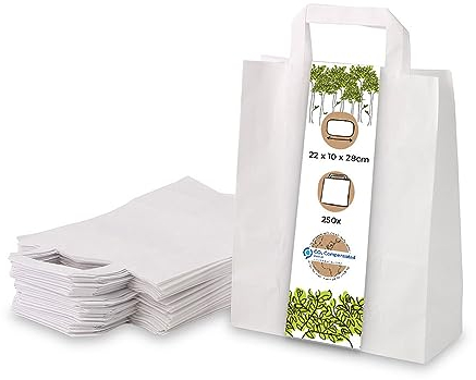 BIOZOYG 250x Papiertragetaschen 22 x 10 x 28 cm - weiße Papiertüten mit Henkel Einkaufstüten - Papiertaschen Geschenktüten Tragetaschen Kraftpapier