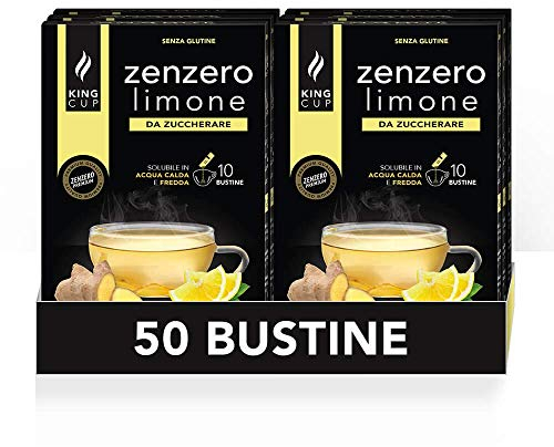 King Cup - 5 Confezioni da 10 Bustine Solubili di Bevanda Zenzero e Limone da Zuccherare, 50 Stick da 6 gr, Gusto Zenzero e Limone da Aggiungere a 60 Ml di Acqua Calda, Senza Glutine, Senza Lattosio
