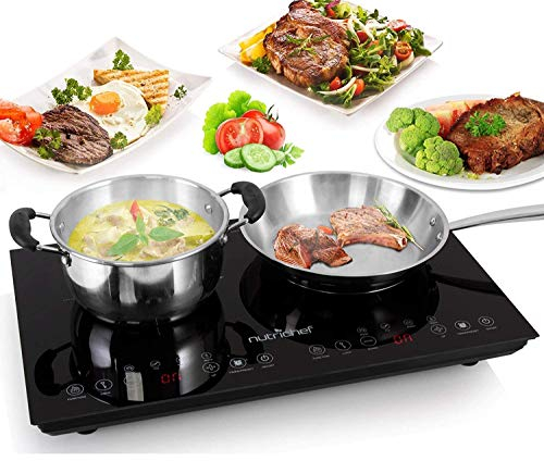 NutriChef placa de induccion doble, Portatil, Vitroceramica, 120V, Con bloqueo de seguridad para niños