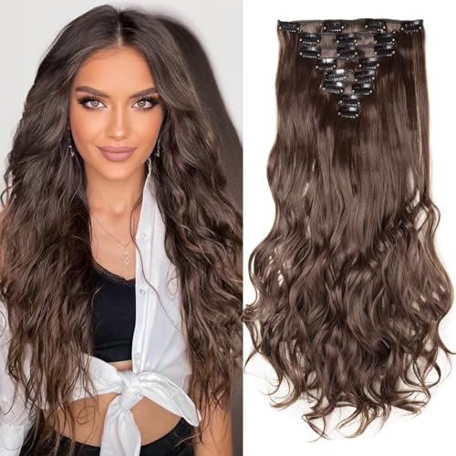 TESS Clip in Extensions wie Echthaar Haarteile günstig Haarverlängerung 8 Tressen 18 Clips Haarteil Gewellt 24(60cm)-140g Mittelbraun