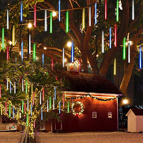 LED Meteorschauer Lichterkette Solar, DINOWIN 8 Tubes 288 LED Wasserdicht Schneefall Lichterkette Meteorschauer Regen Lichter für Festival Hochzeit Garten Baum Dekoration (Mehrfarbig)