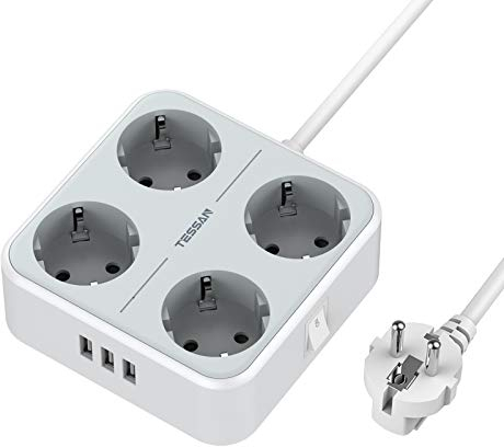 Mehrfachsteckdose mit USB, TESSAN 4fach Steckdosenleiste mit USB, Mehrfachstecker Verlängerungskabel 2m Weiß, 7 in 1 Steckerleiste für Büro, Multistecker Power Extension