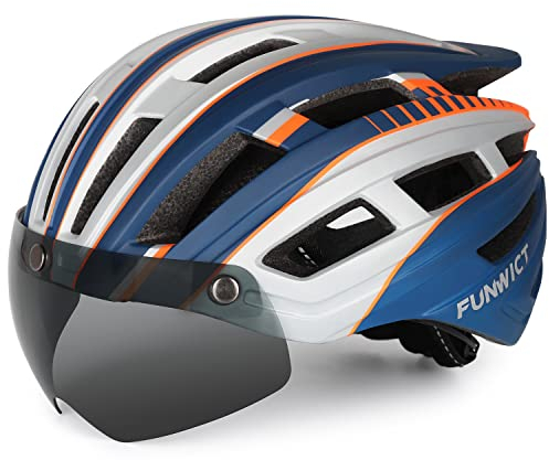 FUNWICT Casco Bici per Uomo Donna Adulti, Leggero Casco Bici da Corsa con Visiera Magnetici Staccabili e Luce LED, Regolabile Caschetto Bici 57-61 CM