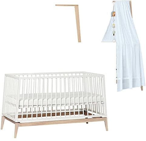 Leander Luna Babybett 140x70cm - weiß/Eiche mit Himmelgestell Eiche und Himmel dusty blue, OHNE MATRATZE