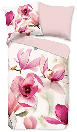 Traumschloss Renforcé Bettwäsche »Magnolia«, Magnolien, rosa, 135x200 & 80x80, 100% Baumwolle, atmungsaktiv & weich, Wendebettwäsche-Set mit Reißverschluss bestehend aus Kissen und Bettbezug